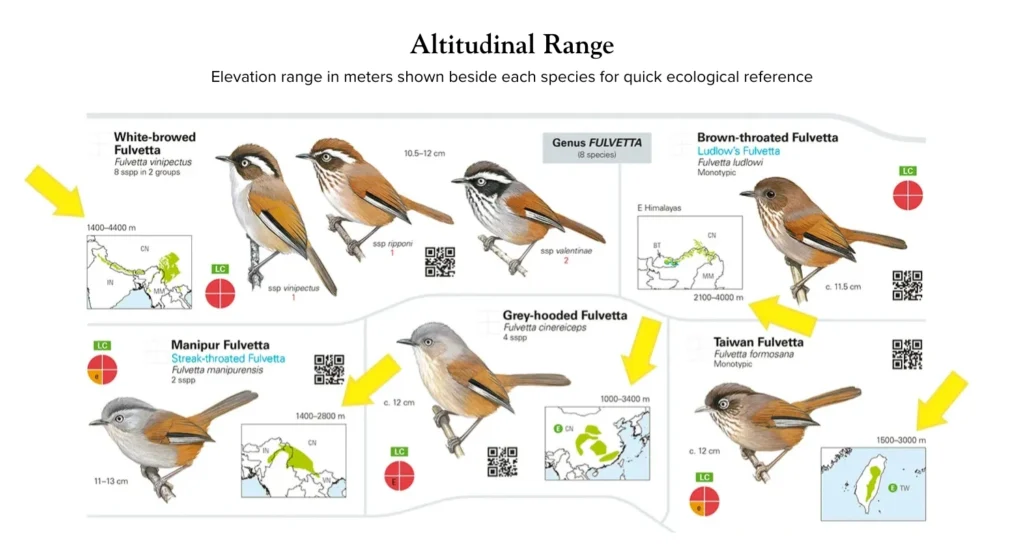 Elevation range in meters shown beside each species for quick ecological reference